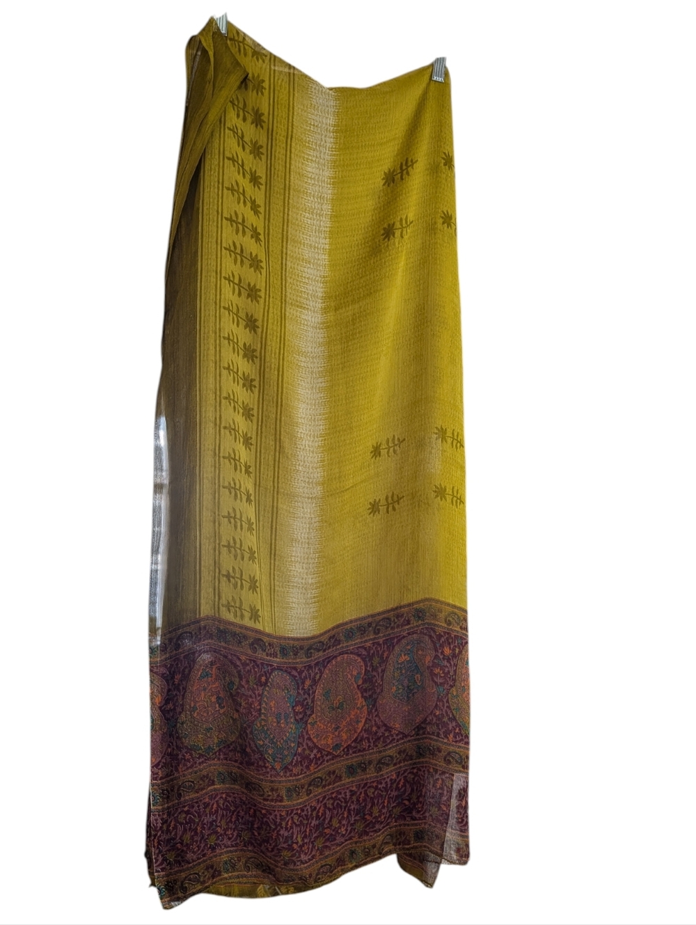 Boho Sheer Scarf Mustard Yellow Paisley Border Lightweight Wrap Shawl Festival - Picture 3 of 8
